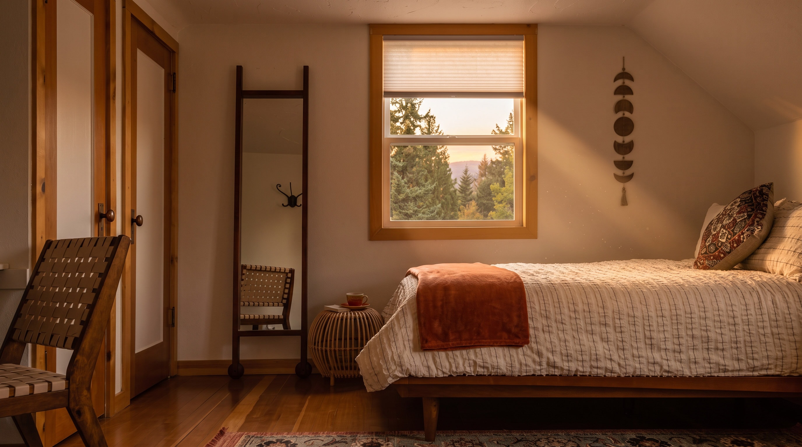Upstairs Bedroom 1 — ladder mirror and forest window detail