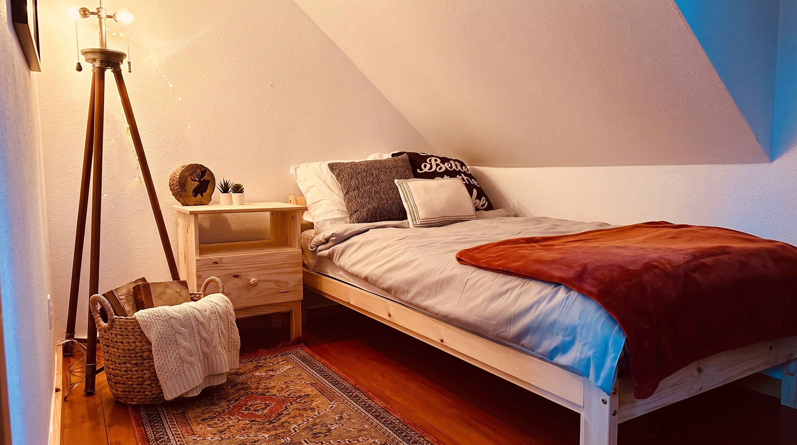 Bedroom 3 — loft room with sloped ceiling and blue ambient light from the Vinyl Vault