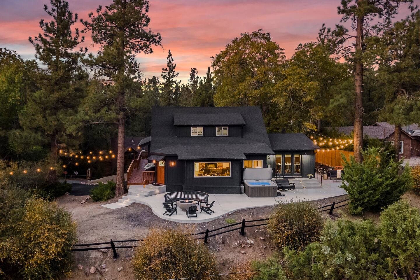 The Fox Haus — modern mountain home at dusk, Big Bear Lake