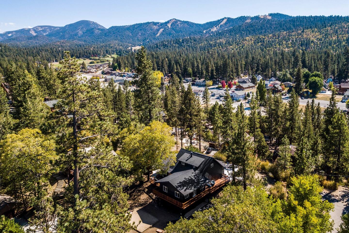 Fox Haus — aerial view nestled in Big Bear pines with mountains behind