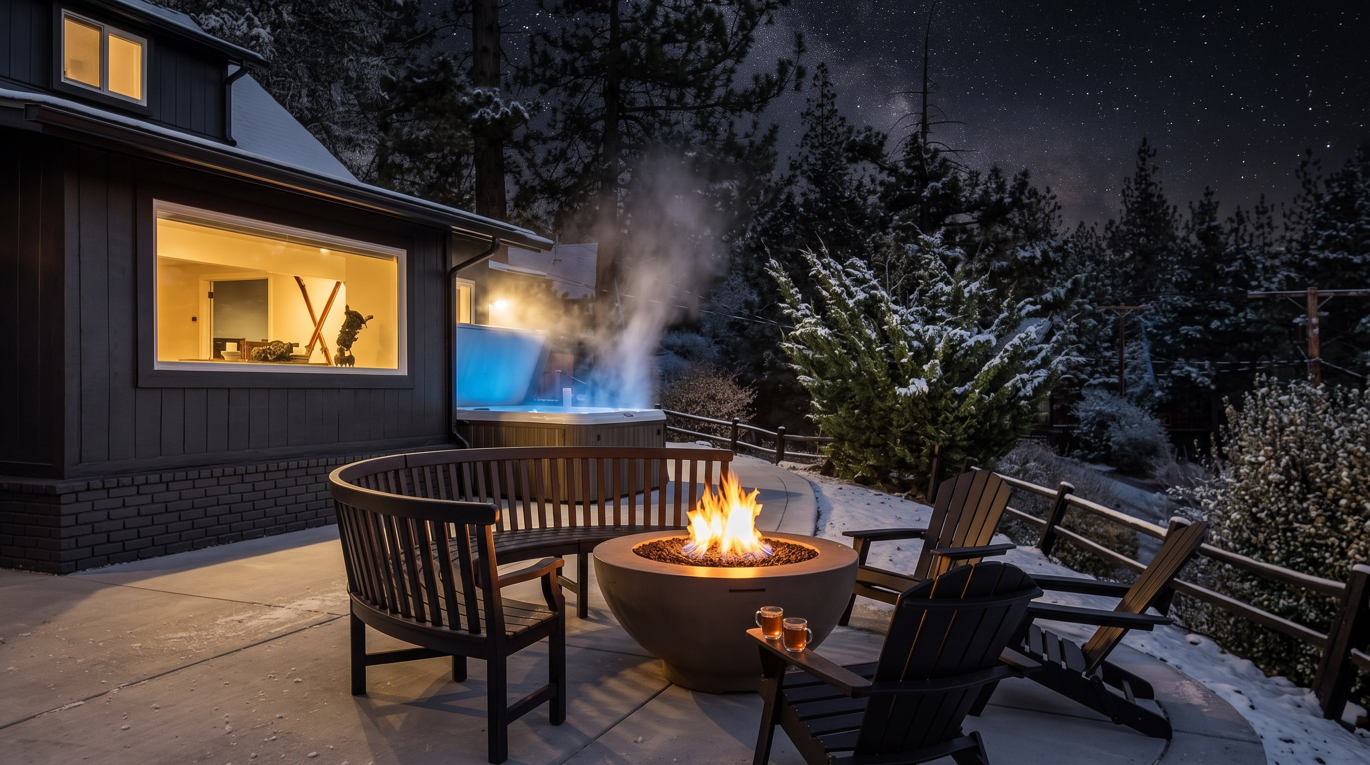 Fire pit and hot tub in winter snow