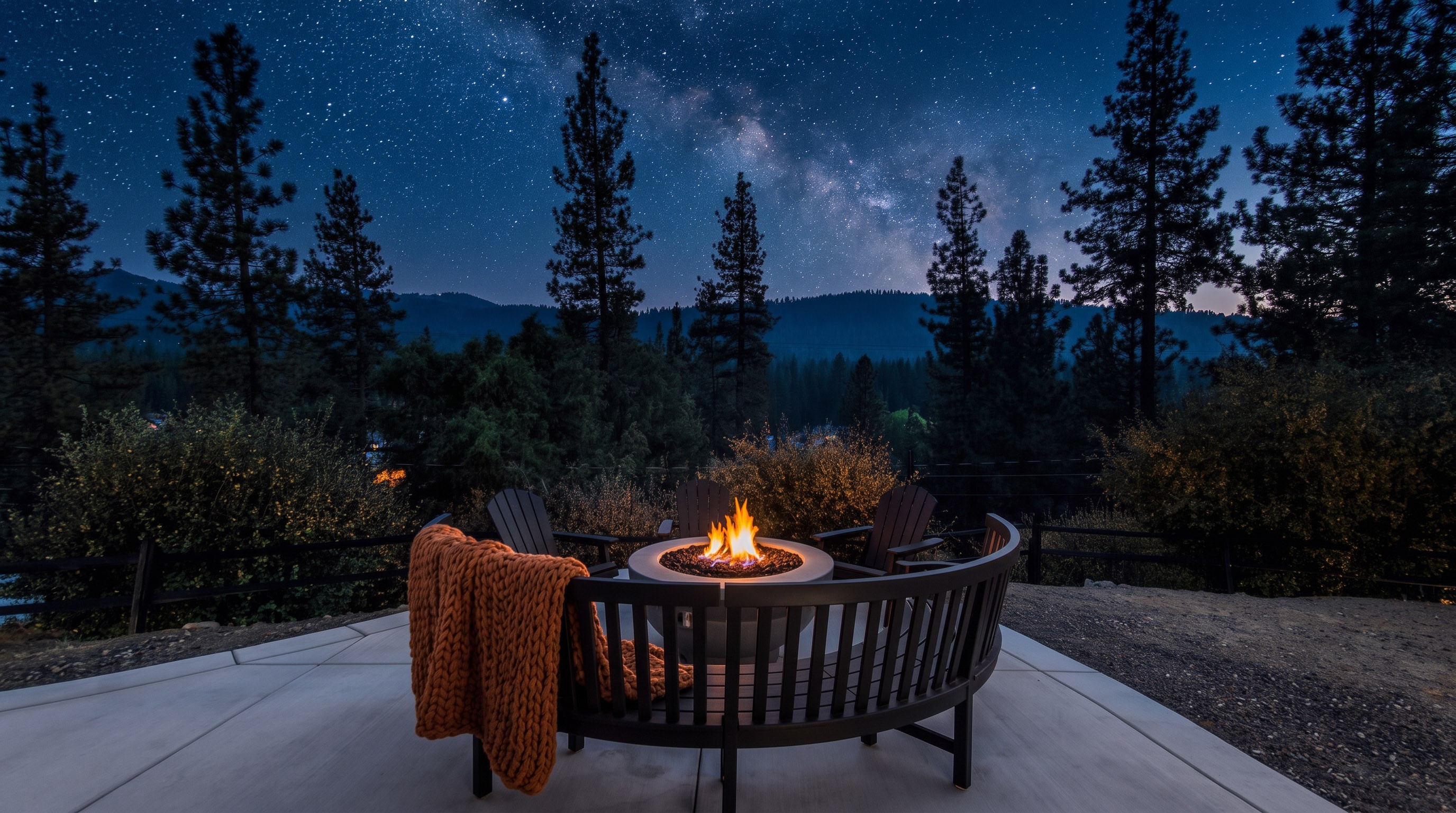 Fire pit under the Milky Way with blankets and mountain air