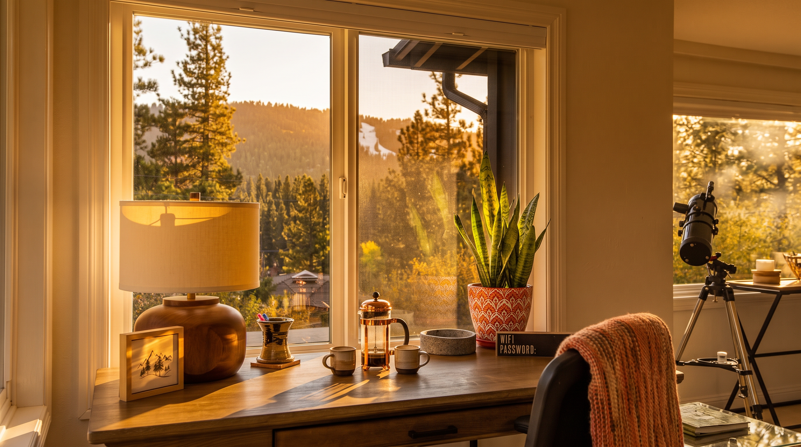 Great Room — desk nook with forest view window