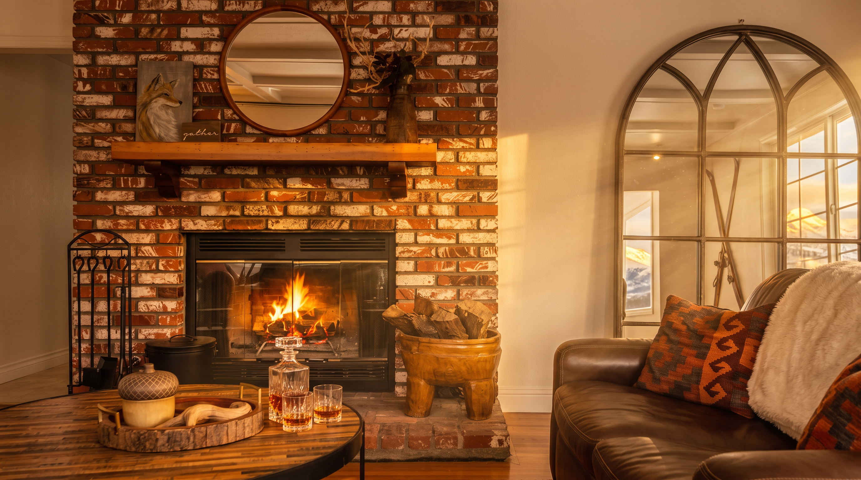 Great Room — roaring fireplace with whiskey glasses and fox painting on mantle