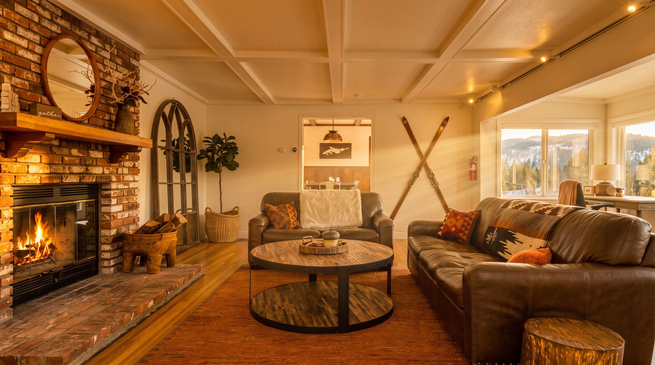Great Room — wide view with brick fireplace, vintage skis, and arched mirror