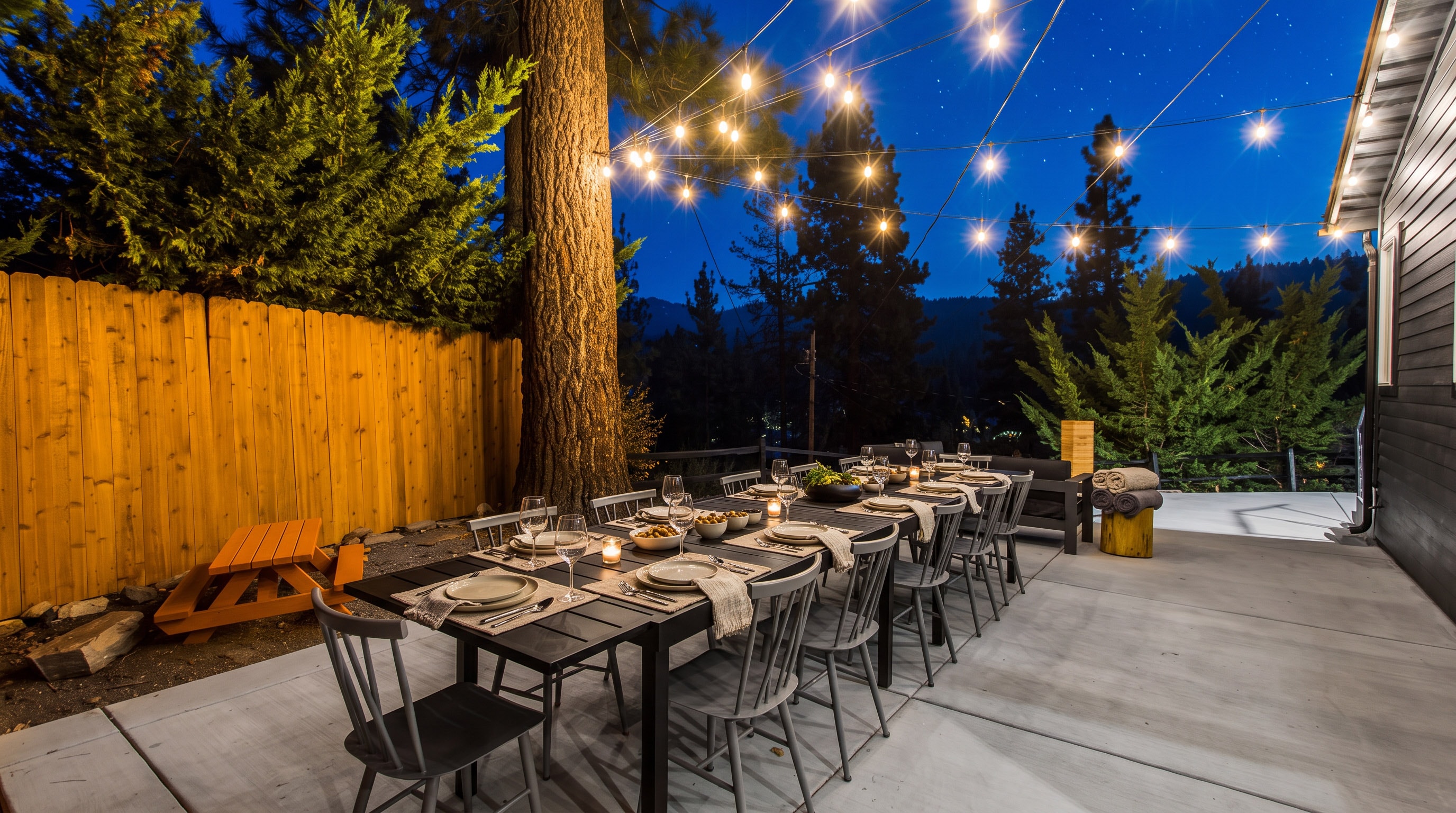 Outdoor dining area at dusk with string lights and mountain setting