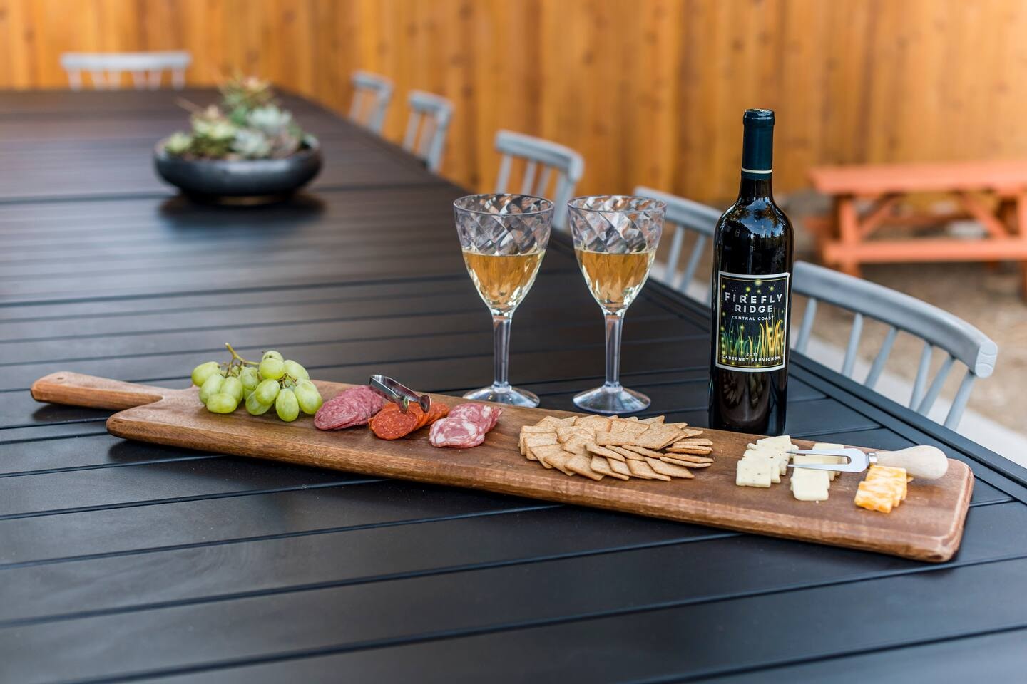 Charcuterie board on the outdoor dining table