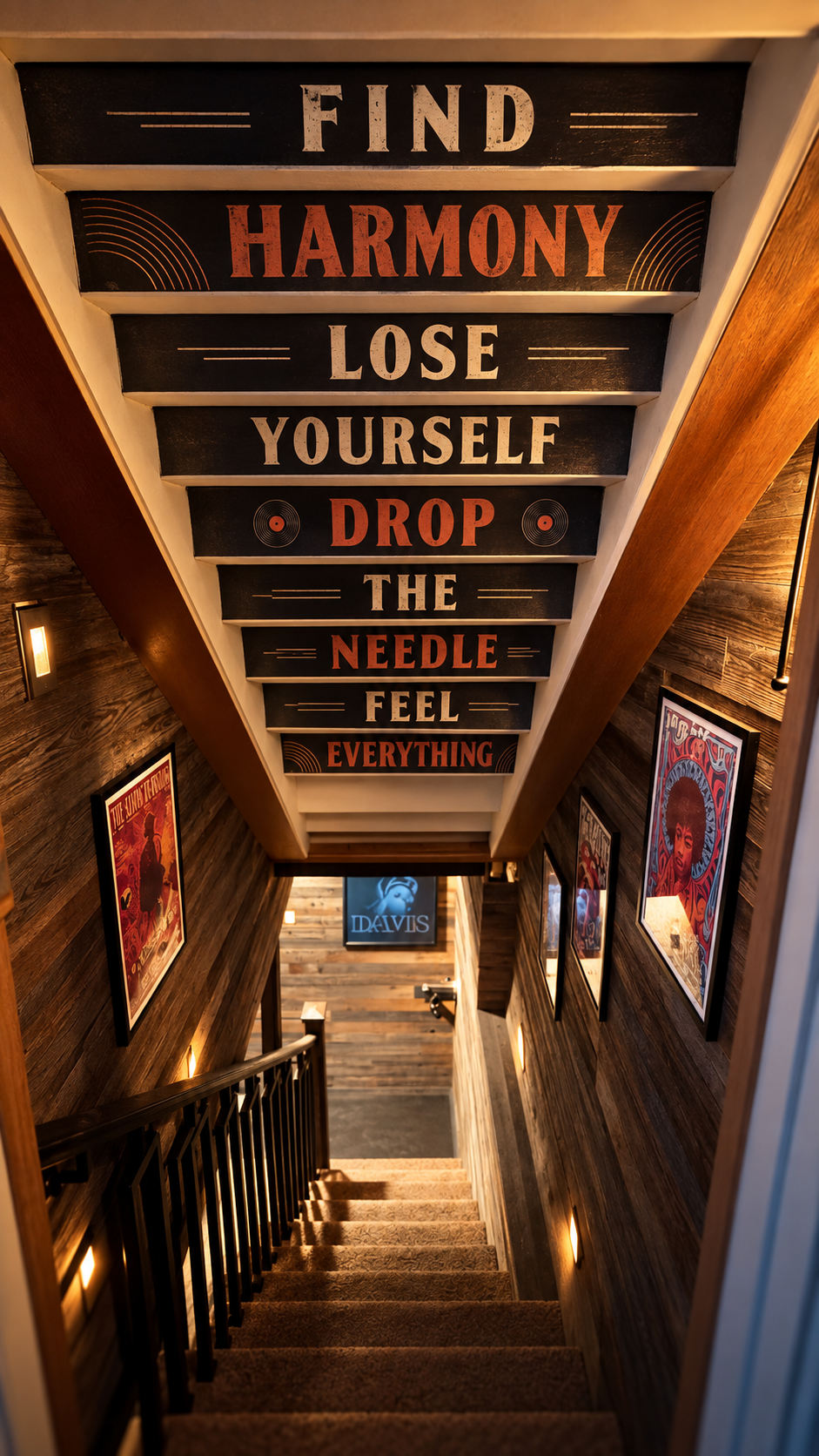 Staircase leading down to The Vinyl Vault — 'Find Harmony / Drop the Needle'